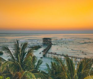 Preview wallpaper palm trees, ocean, sunset, pier, building