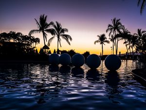 Preview wallpaper palm trees, pool, balls, silhouettes, twilight