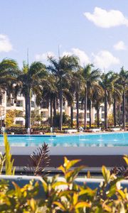 Preview wallpaper palm trees, pool, building, tropics, summer, vacation