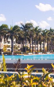 Preview wallpaper palm trees, pool, building, tropics, summer, vacation