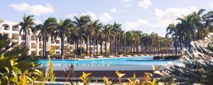 Preview wallpaper palm trees, pool, building, tropics, summer, vacation
