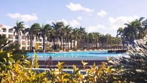 Preview wallpaper palm trees, pool, building, tropics, summer, vacation