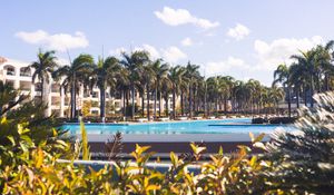 Preview wallpaper palm trees, pool, building, tropics, summer, vacation