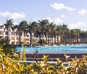 Preview wallpaper palm trees, pool, building, tropics, summer, vacation