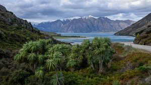 Preview wallpaper palm trees, sea, mountains, tropics