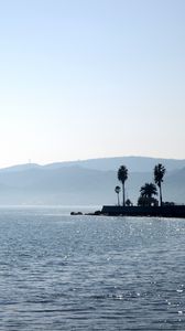 Preview wallpaper palm trees, silhouettes, mountains, sea, nature