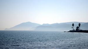 Preview wallpaper palm trees, silhouettes, mountains, sea, nature