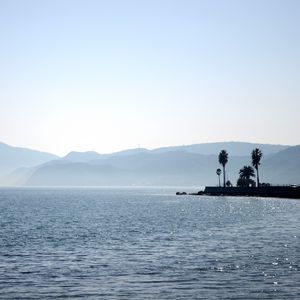 Preview wallpaper palm trees, silhouettes, mountains, sea, nature