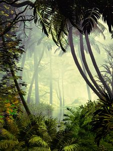 Preview wallpaper palm trees, trees, jungle, fog