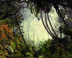 Preview wallpaper palm trees, trees, jungle, fog