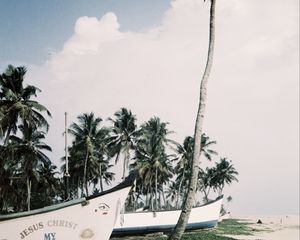 Preview wallpaper palm trees, tropics, boats, sea