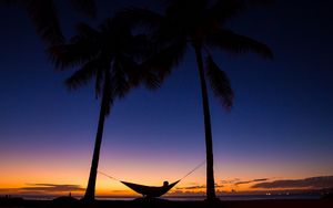 Preview wallpaper palms, hammock, night, silhouettes, rest, tropics