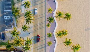 Preview wallpaper palms, road, view from above, cars, tropics, summer