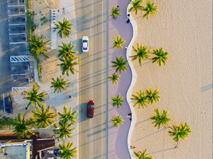 Preview wallpaper palms, road, view from above, cars, tropics, summer