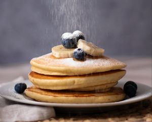 Preview wallpaper pancake, blueberries, banana, icing sugar, dessert