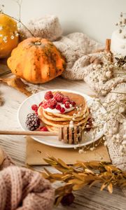 Preview wallpaper pancakes, berries, dessert, food, table