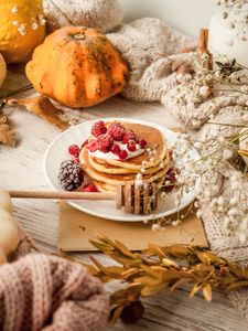 Preview wallpaper pancakes, berries, dessert, food, table