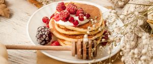 Preview wallpaper pancakes, berries, dessert, food, table