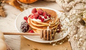 Preview wallpaper pancakes, berries, dessert, food, table