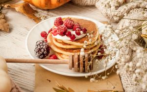 Preview wallpaper pancakes, berries, dessert, food, table