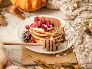 Preview wallpaper pancakes, berries, dessert, food, table