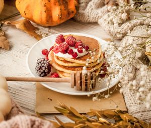 Preview wallpaper pancakes, berries, dessert, food, table