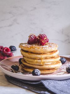 Preview wallpaper pancakes, berries, honey, powder, dessert