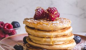 Preview wallpaper pancakes, berries, honey, powder, dessert