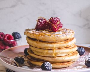 Preview wallpaper pancakes, berries, honey, powder, dessert