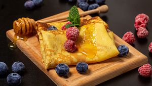 Preview wallpaper pancakes, berries, honey, breakfast, dessert