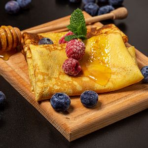 Preview wallpaper pancakes, berries, honey, breakfast, dessert
