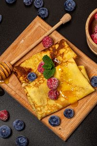 Preview wallpaper pancakes, berries, honey, dessert, breakfast