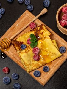 Preview wallpaper pancakes, berries, honey, dessert, breakfast