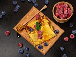 Preview wallpaper pancakes, berries, honey, dessert, breakfast