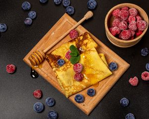 Preview wallpaper pancakes, berries, honey, dessert, breakfast