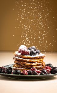 Preview wallpaper pancakes, berries, powdered sugar, breakfast, dessert