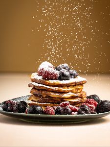 Preview wallpaper pancakes, berries, powdered sugar, breakfast, dessert