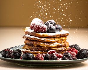 Preview wallpaper pancakes, berries, powdered sugar, breakfast, dessert