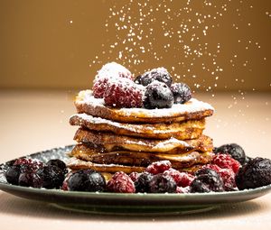 Preview wallpaper pancakes, berries, powdered sugar, breakfast, dessert