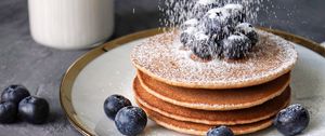 Preview wallpaper pancakes, blueberries, berries, powder, breakfast, dessert