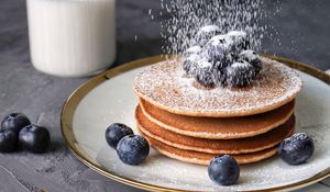 Preview wallpaper pancakes, blueberries, berries, powder, breakfast, dessert