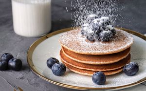 Preview wallpaper pancakes, blueberries, berries, powder, breakfast, dessert