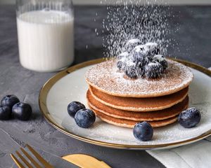 Preview wallpaper pancakes, blueberries, berries, powder, breakfast, dessert