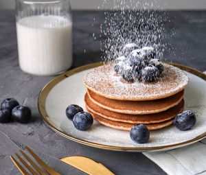 Preview wallpaper pancakes, blueberries, berries, powder, breakfast, dessert