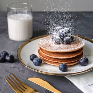 Preview wallpaper pancakes, blueberries, berries, powder, breakfast, dessert