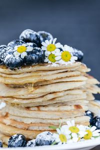 Preview wallpaper pancakes, blueberries, dessert, honey, chamomile, powdered sugar