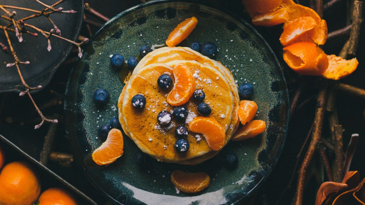 Wallpaper pancakes, blueberries, mandarins, slices, dessert