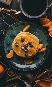 Preview wallpaper pancakes, blueberries, mandarins, slices, dessert