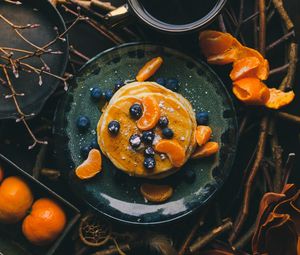 Preview wallpaper pancakes, blueberries, mandarins, slices, dessert