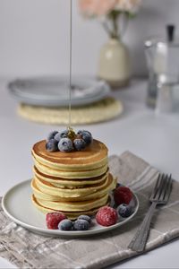 Preview wallpaper pancakes, blueberries, raspberries, berries, honey, dessert